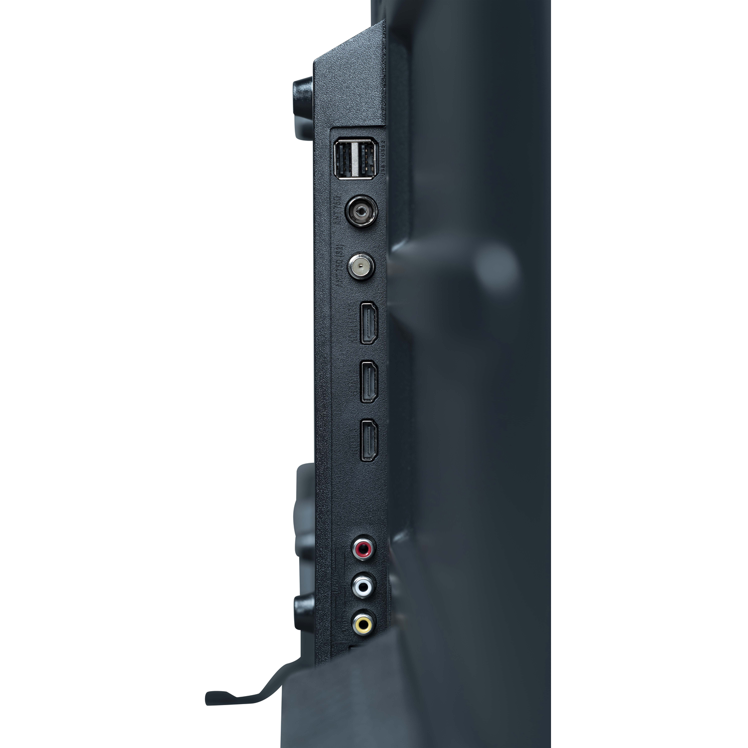 Back of a black TV showing ports for various connections.