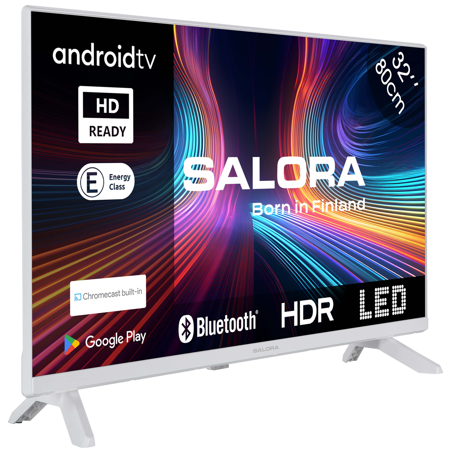 White Salora TV on a white stand, with text and logos.
