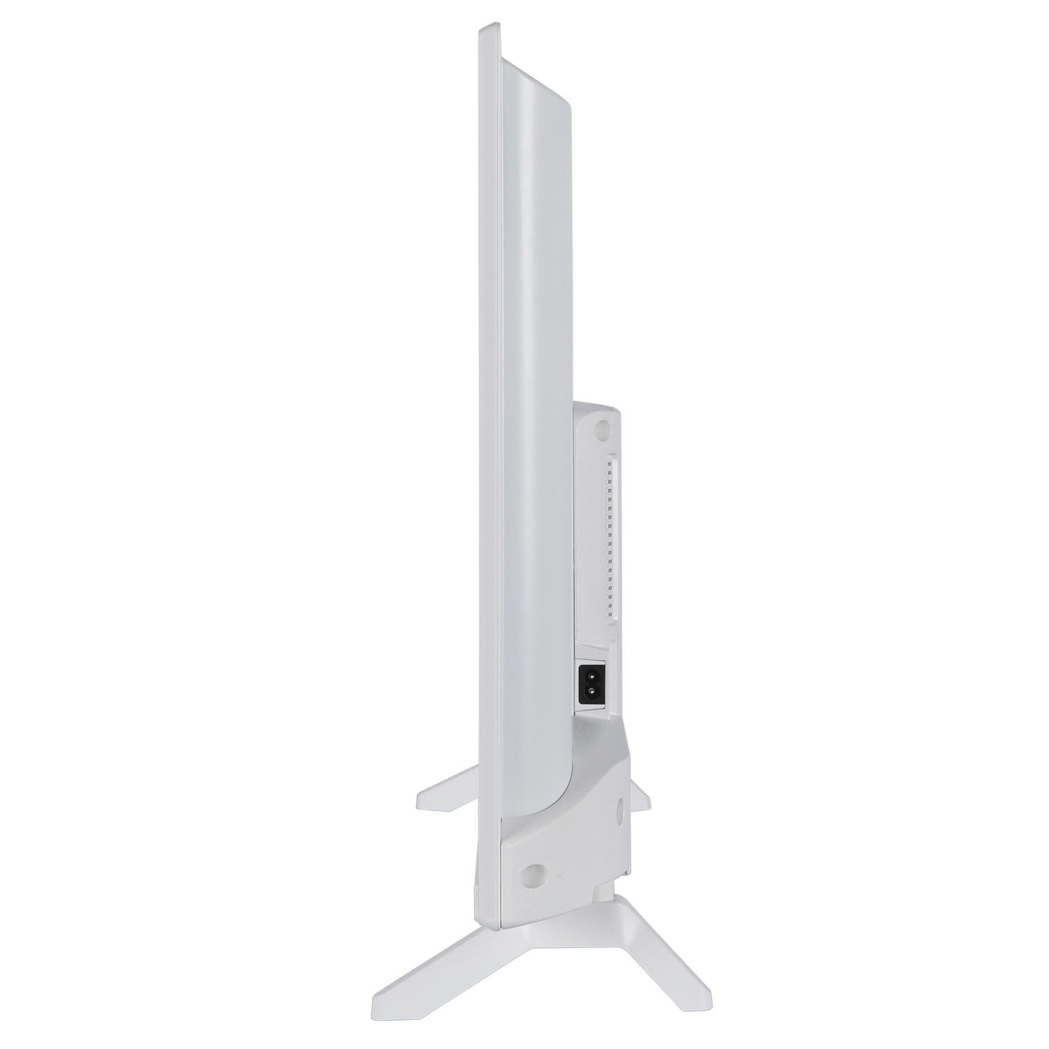 A white TV is shown from the side, with the stand and power port visible.