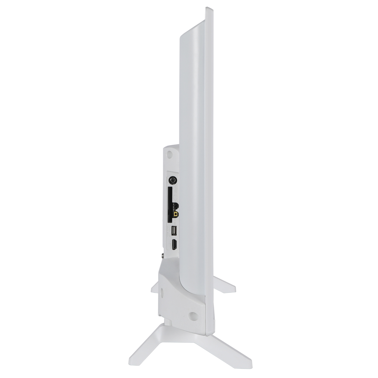 A side view of a white TV screen with ports and a stand, on a white background.