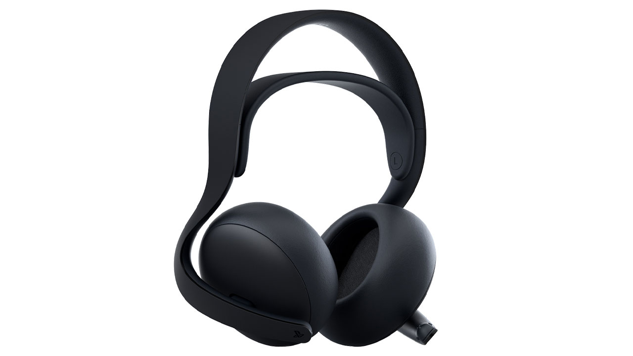 Auriculares inalámbricos negros con micrófono y diseño único, sobre fondo blanco.