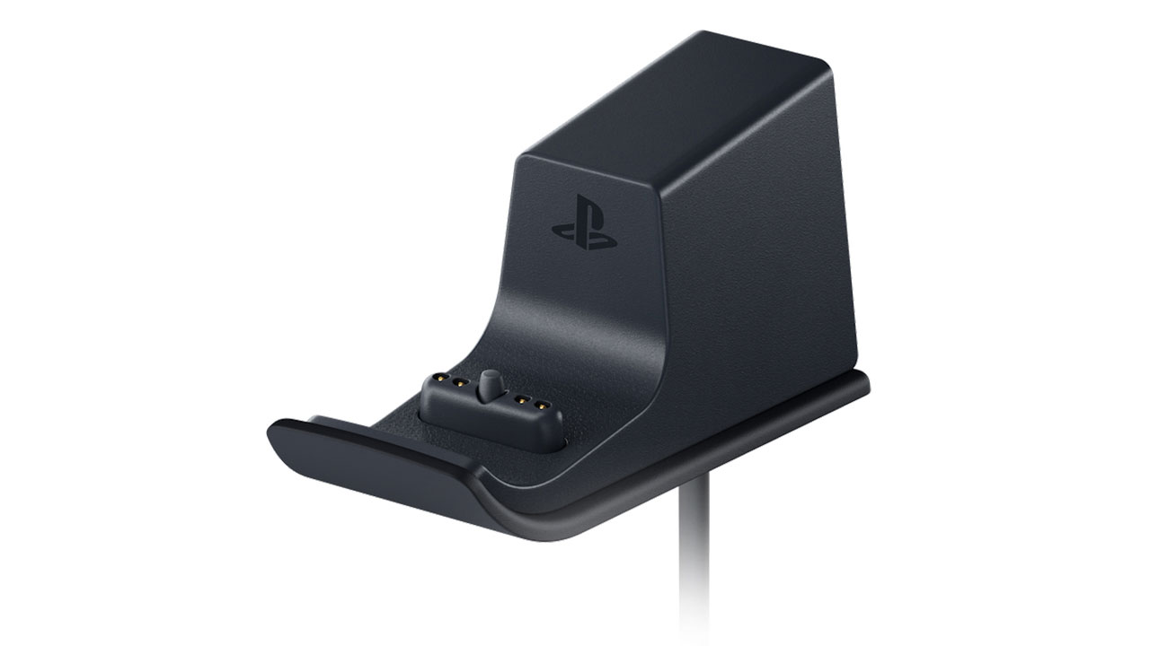 Estación de carga negra. El logo de PlayStation está al frente.
