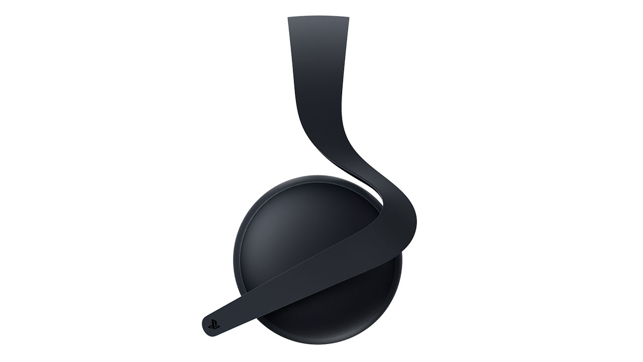 Auriculares PlayStation negros, diseño curvo, colgando sobre un fondo blanco.