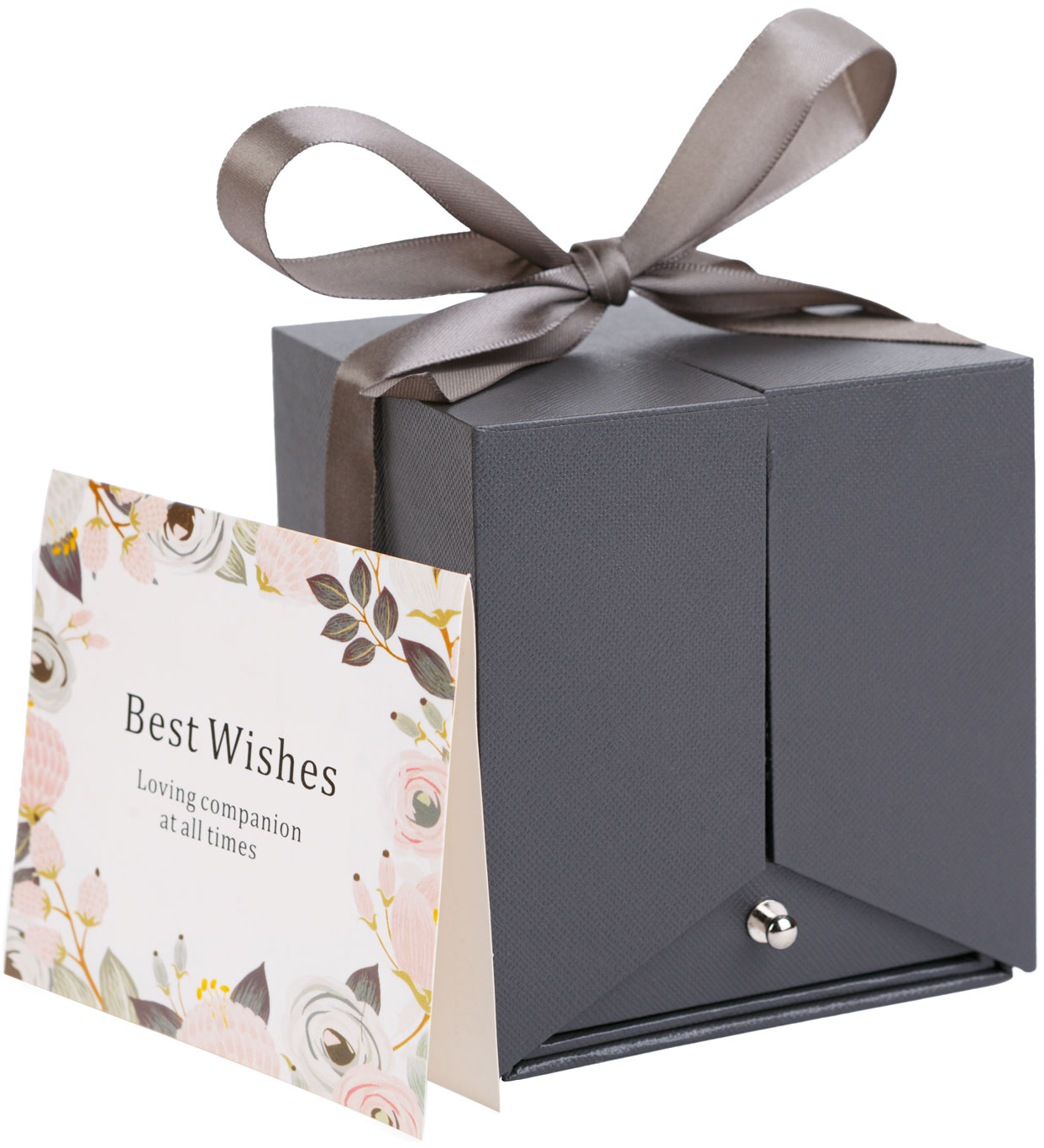 Szürke szalaggal ellátott ajándékdoboz, rajta a "Best Wishes" felirattal.