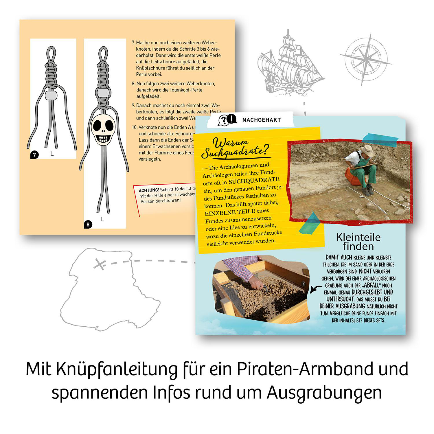 Eine farbenfrohe Informationsseite mit Illustrationen über Knotenbinden, Piraten und eine archäologische Ausgrabungsstätte.