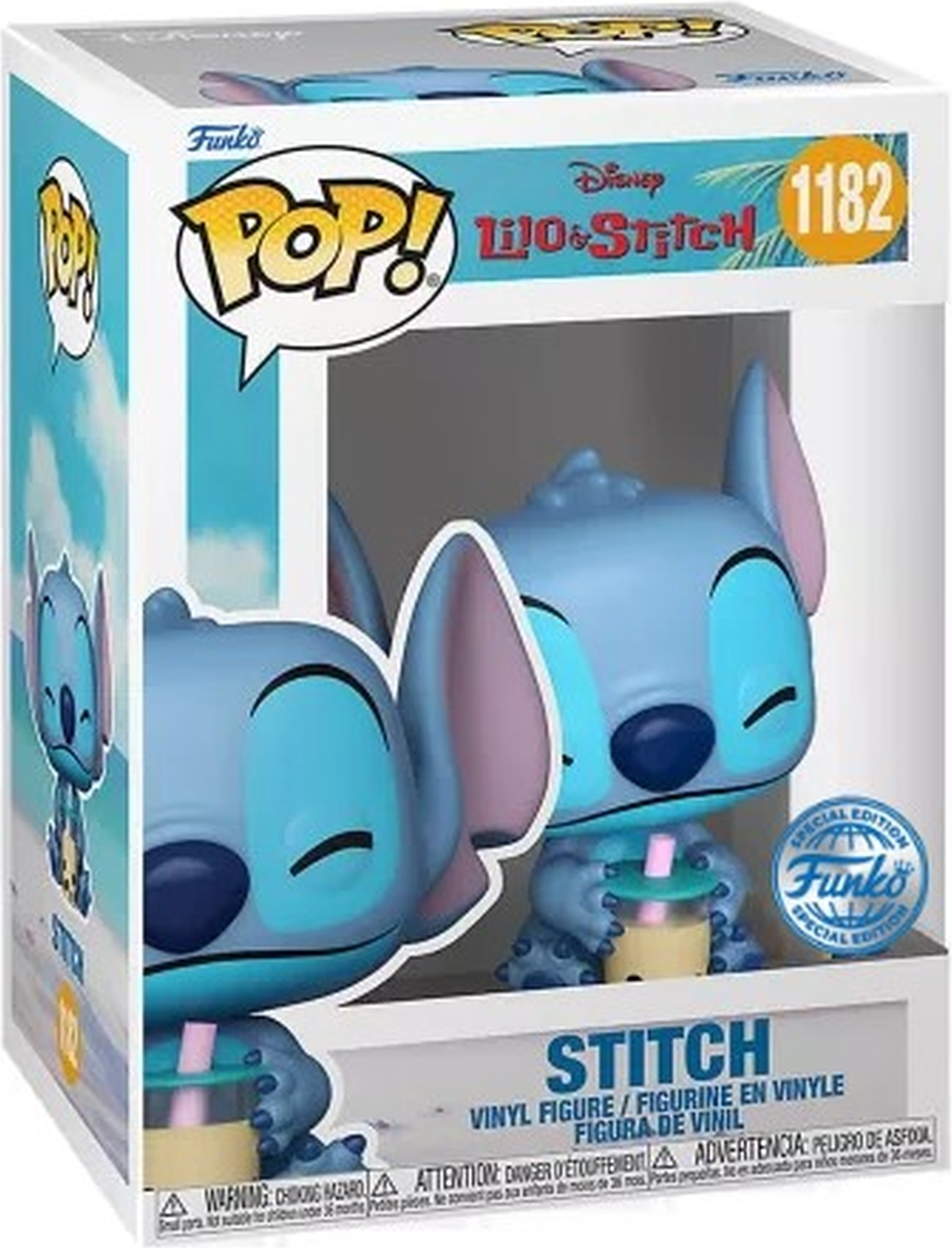 Funko Pop Box, Lilo & Stitch Figuren. Stitch hält einen Bubble Tea.