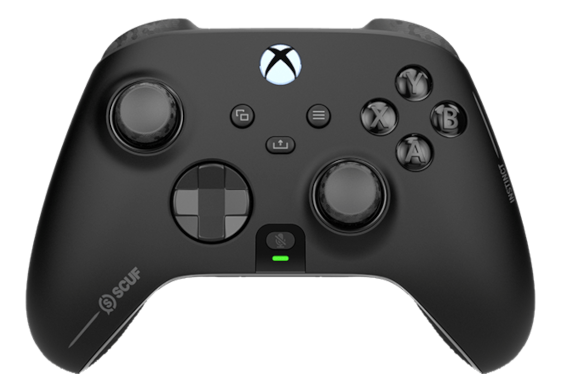 Schwarzer Xbox-Controller mit Knöpfen, Joysticks und dem Xbox-Logo. Er hat ein SCUF-Logo links und INSTINCT rechts.