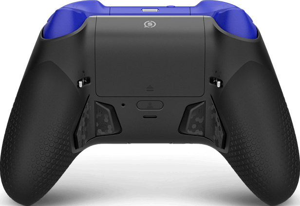 Schwarzer und blauer Game-Controller, der die Rückseite zeigt. Merkmale sind strukturierte Griffe, Tasten und ein zentrales Fach.