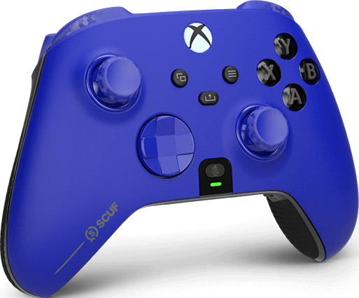 Ein blauer Xbox-Controller mit schwarzen Akzenten. Der Controller hat Tasten, Joysticks und ein Steuerkreuz. Das SCUF-Logo ist sichtbar.