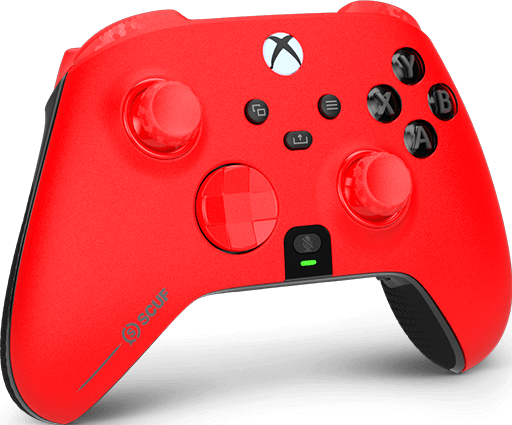 Roter Xbox-Controller mit schwarzen Akzenten. Tasten sind X, Y, A, B. Zwei Joysticks, ein Steuerkreuz und eine Mikrofontaste sind sichtbar.