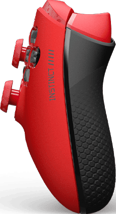 Roter und schwarzer Game-Controller. Rote Knöpfe und Gehäuse, schwarzer strukturierter Griff. "Instinct" Text sichtbar.