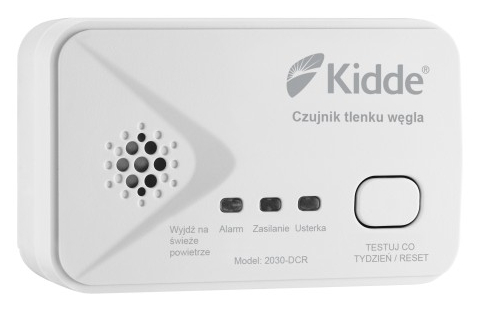 Biały czujnik tlenku węgla z przyciskami i tekstem, izolowany na białym tle.