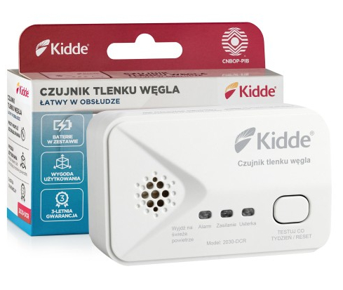 Biały czujnik tlenku węgla Kidde z pudełkiem pokazującym funkcje.