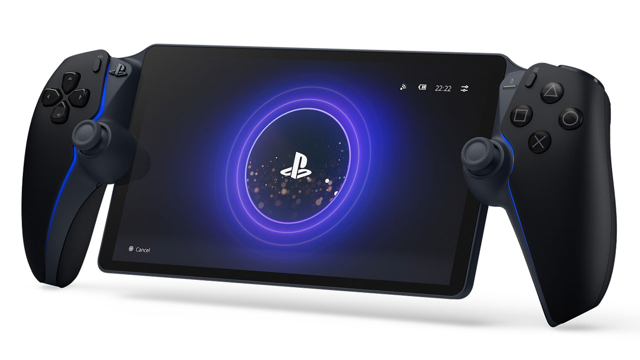 Un dispositivo PlayStation Portal negro con mandos conectados a una pantalla.