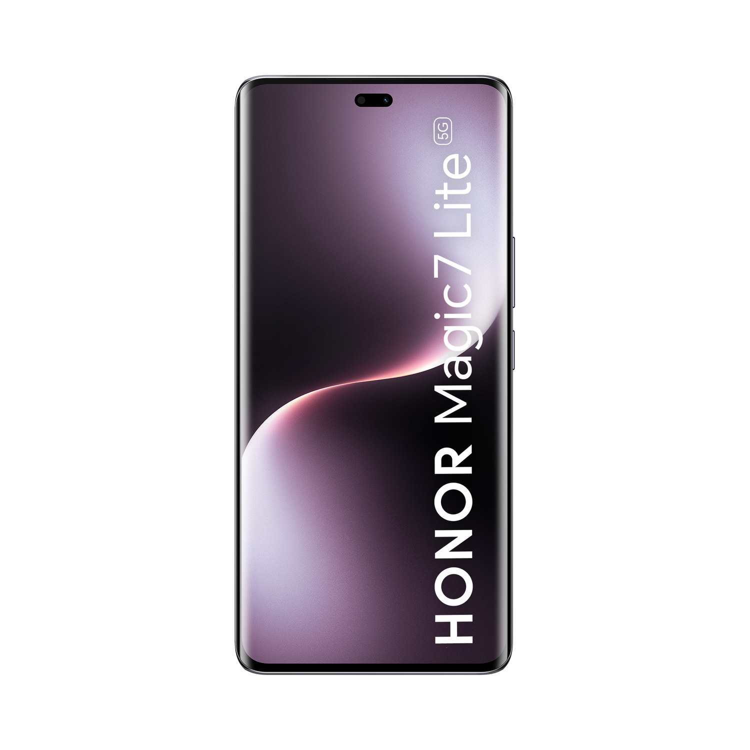Teléfono HONOR Magic7 Lite 5G. Pantalla negra con degradado. Texto blanco en la pantalla. Fondo negro.
