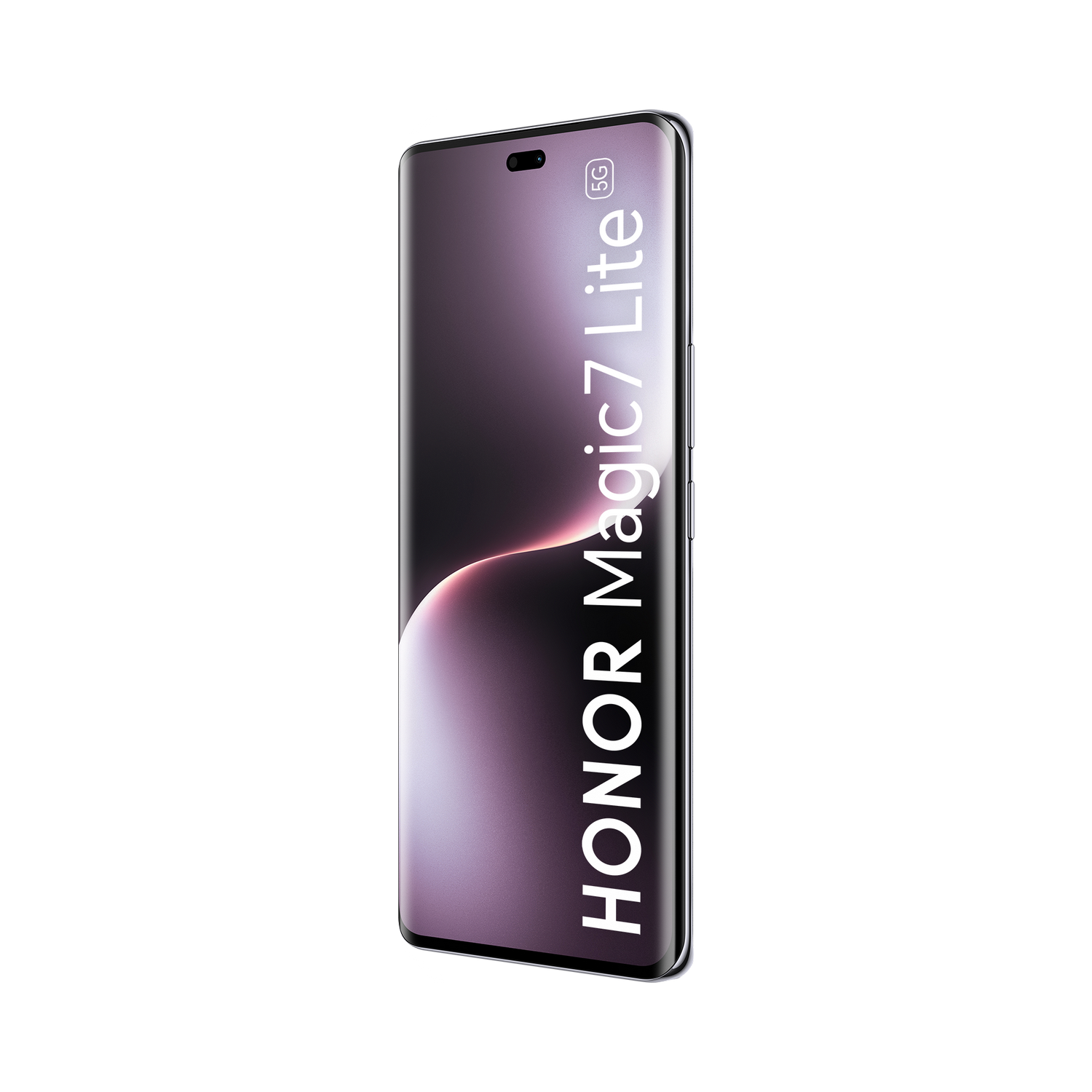 Teléfono Honor Magic7 Lite de perfil, cuerpo negro, con pantalla rosa y morada.
