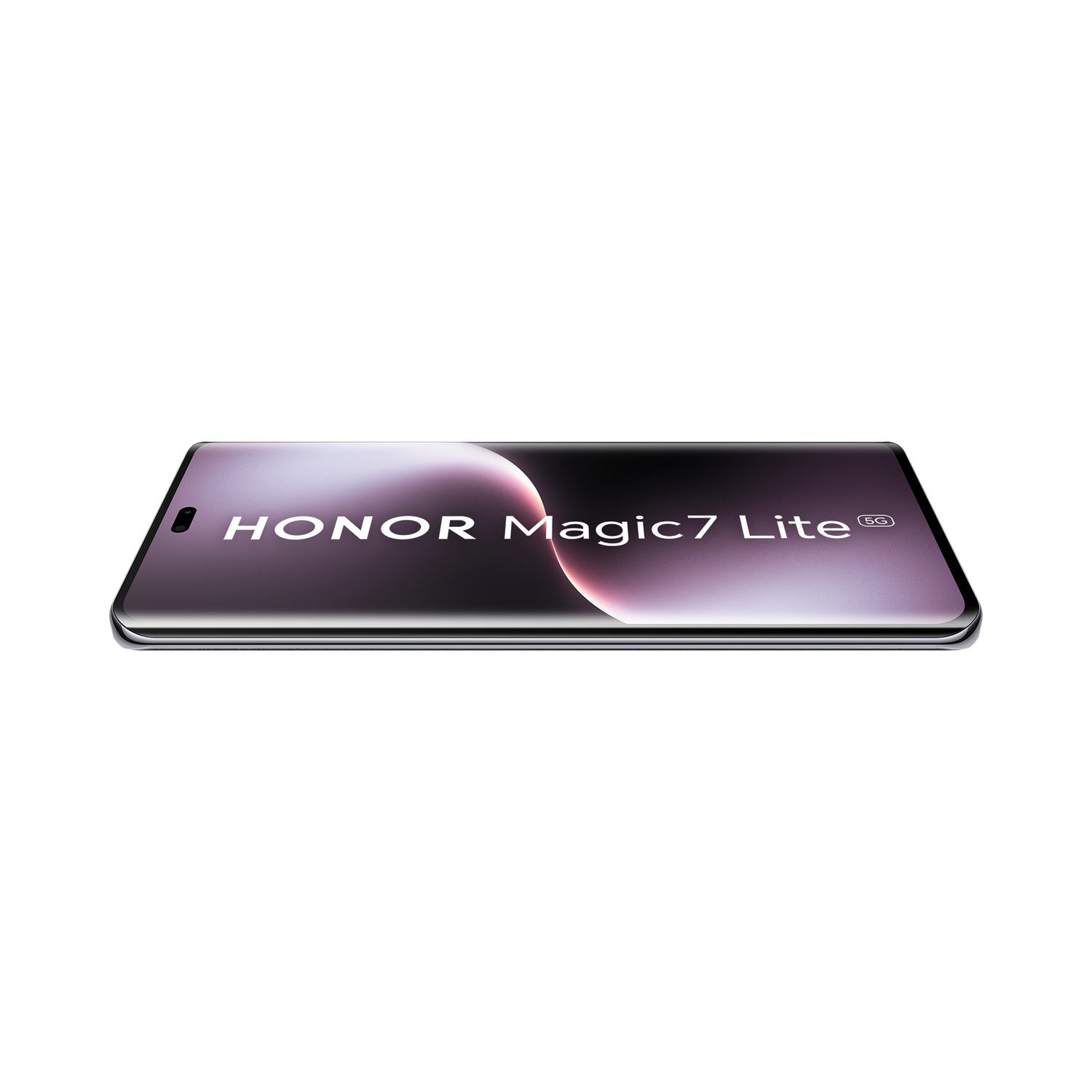 Un teléfono, con la pantalla hacia arriba, mostrando el texto HONOR Magic7 Lite. Fondo negro.