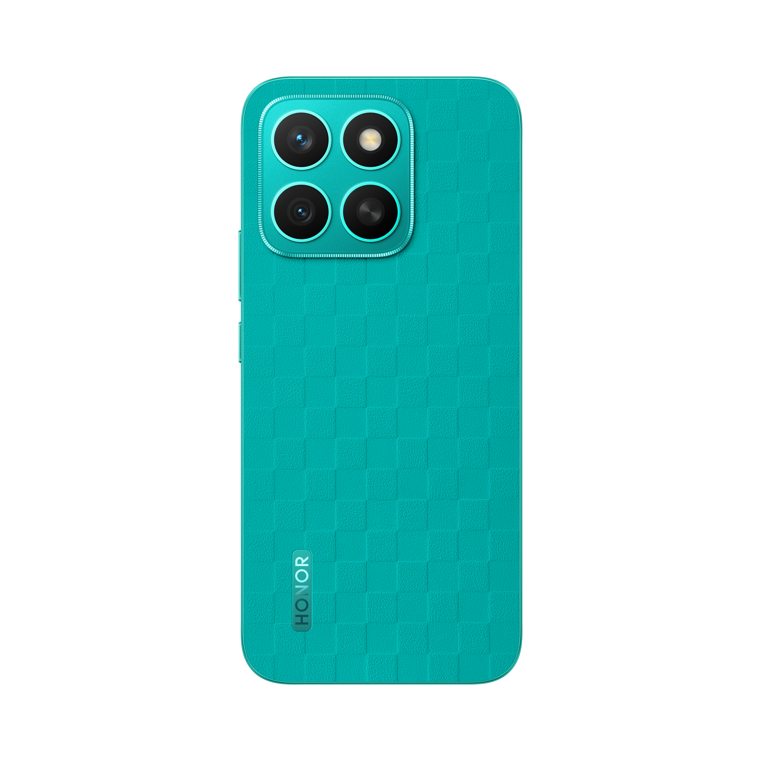 Parte trasera de un teléfono turquesa con cuatro cámaras y el logotipo 'HONOR' plateado.