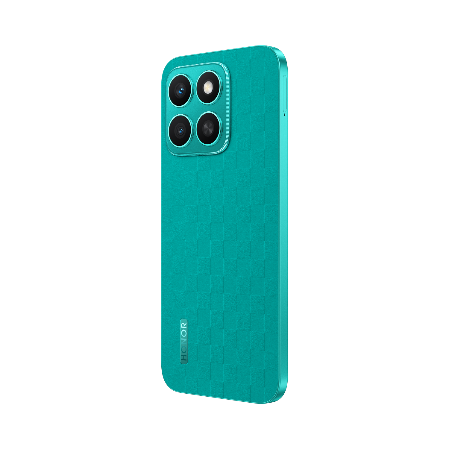 Parte trasera de smartphone turquesa con cuatro cámaras. Patrón texturizado. Fondo negro.