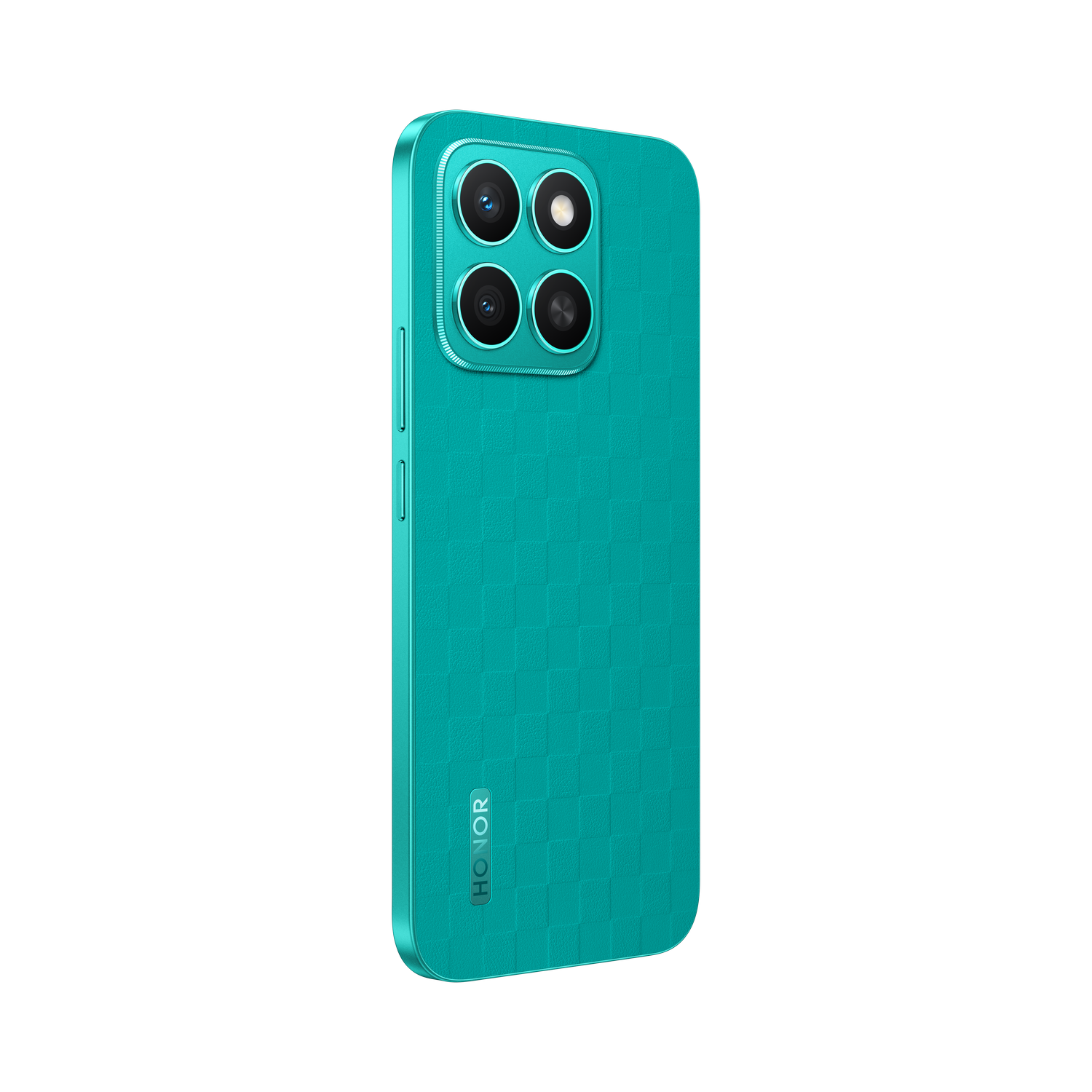 Smartphone turquesa con configuración de cámara cuádruple, fondo negro.