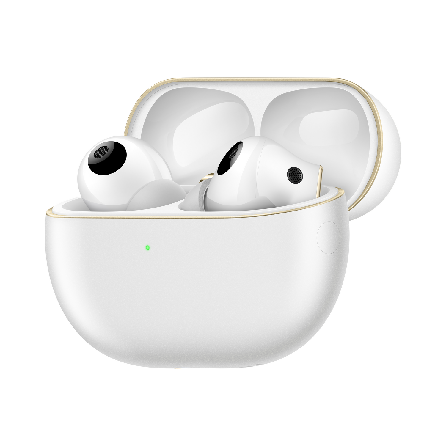 Estuche de carga blanco, abierto, con auriculares blancos. Luz verde encendida.