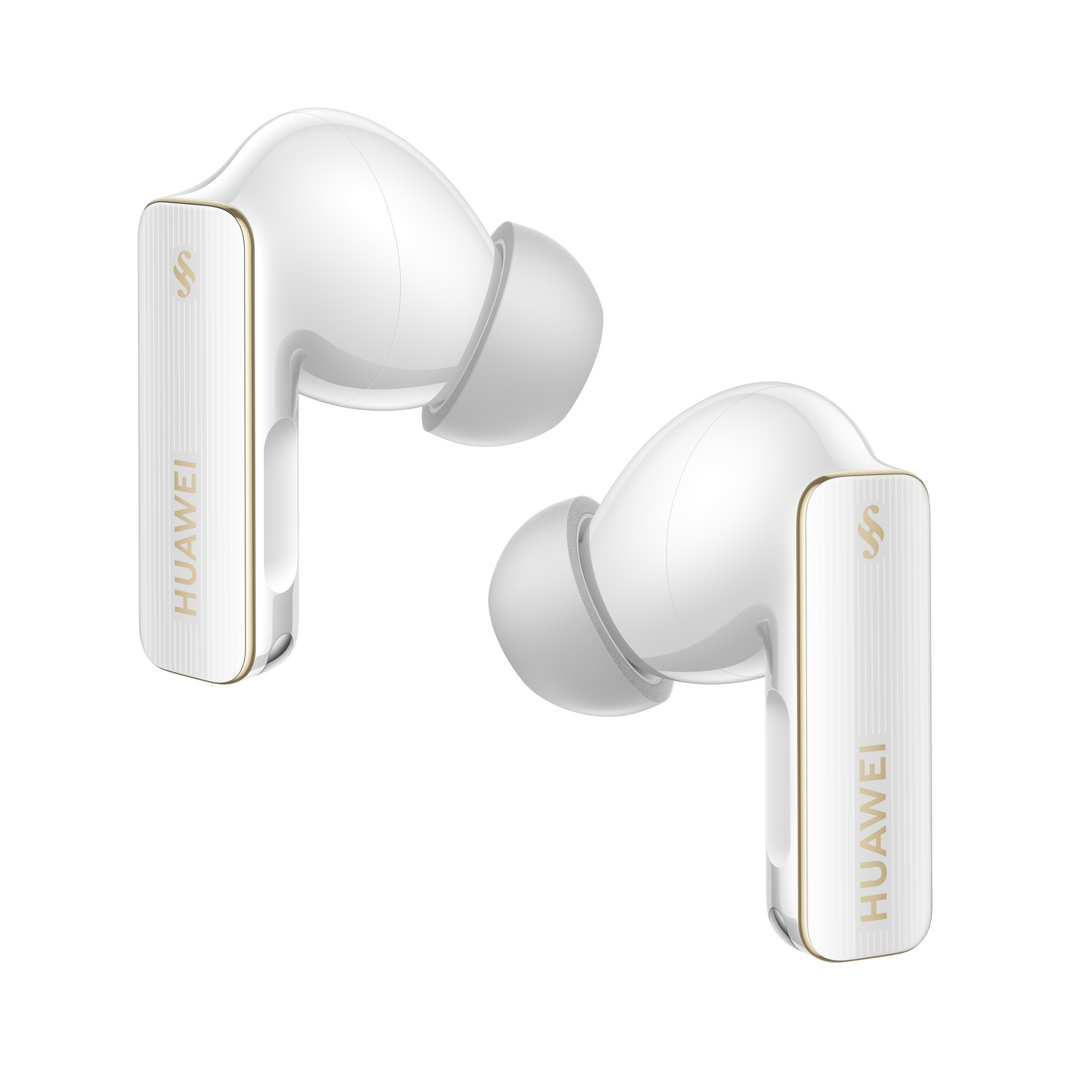 Auriculares inalámbricos blancos con detalles dorados. Cada auricular tiene un diseño elegante y curvo.