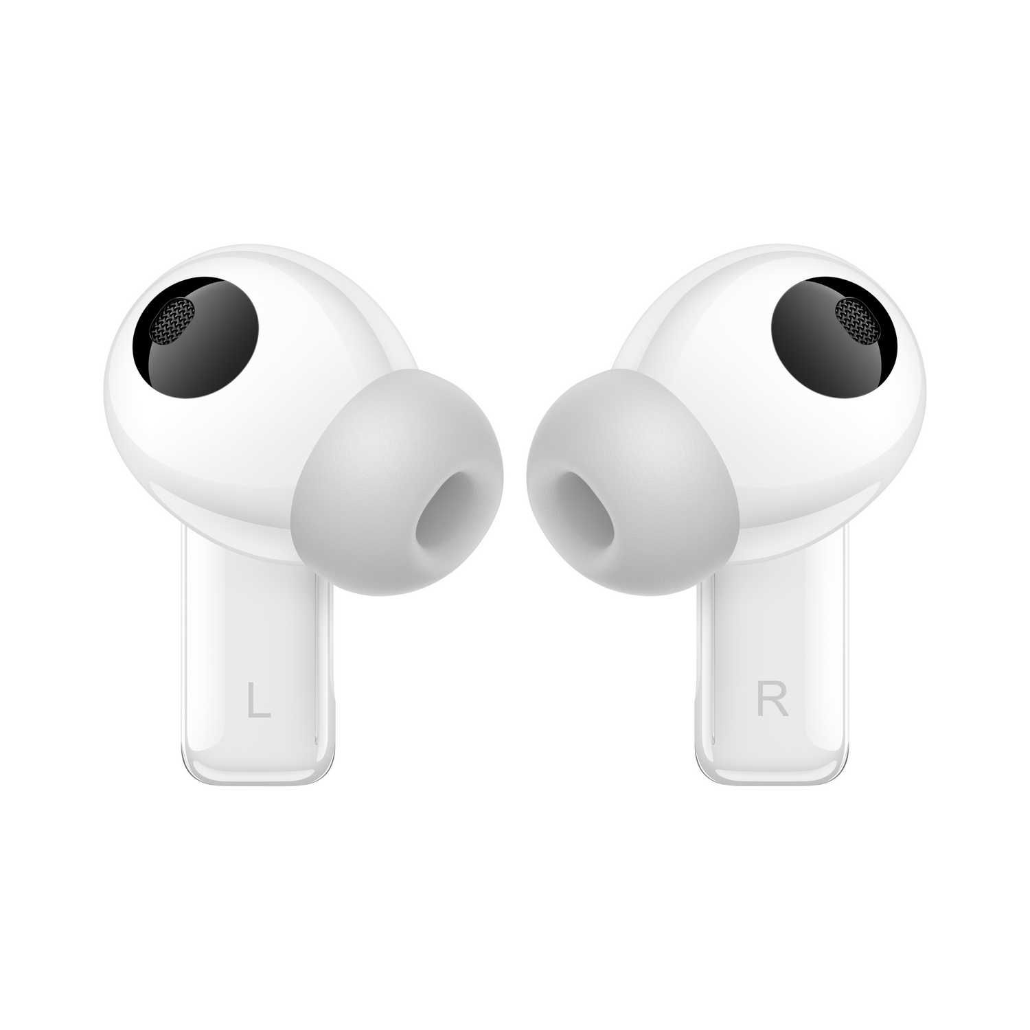Dos auriculares blancos, etiquetados L y R. Fondo blanco.
