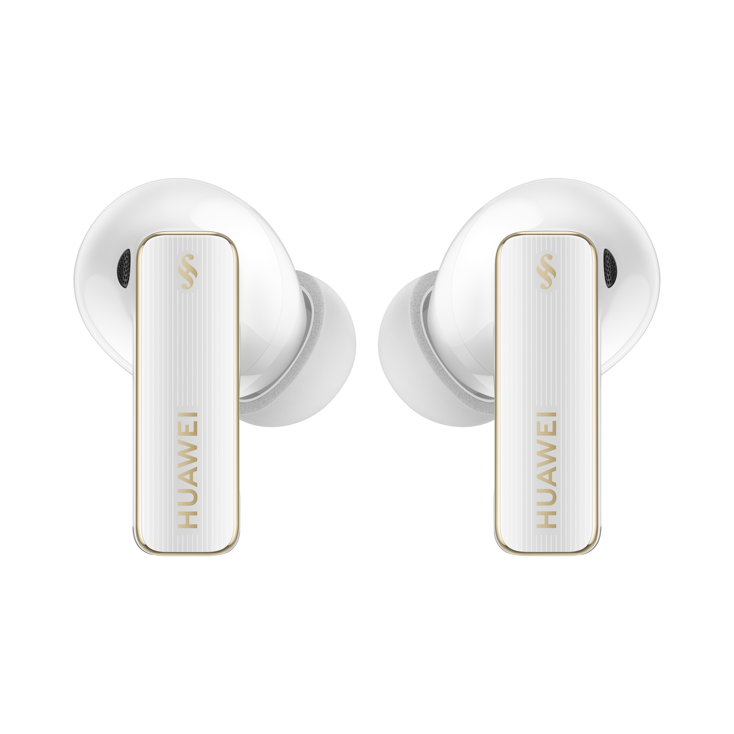Auriculares Huawei blancos, detalles dorados, diseño vertical. Cada uno tiene el logo de Huawei.