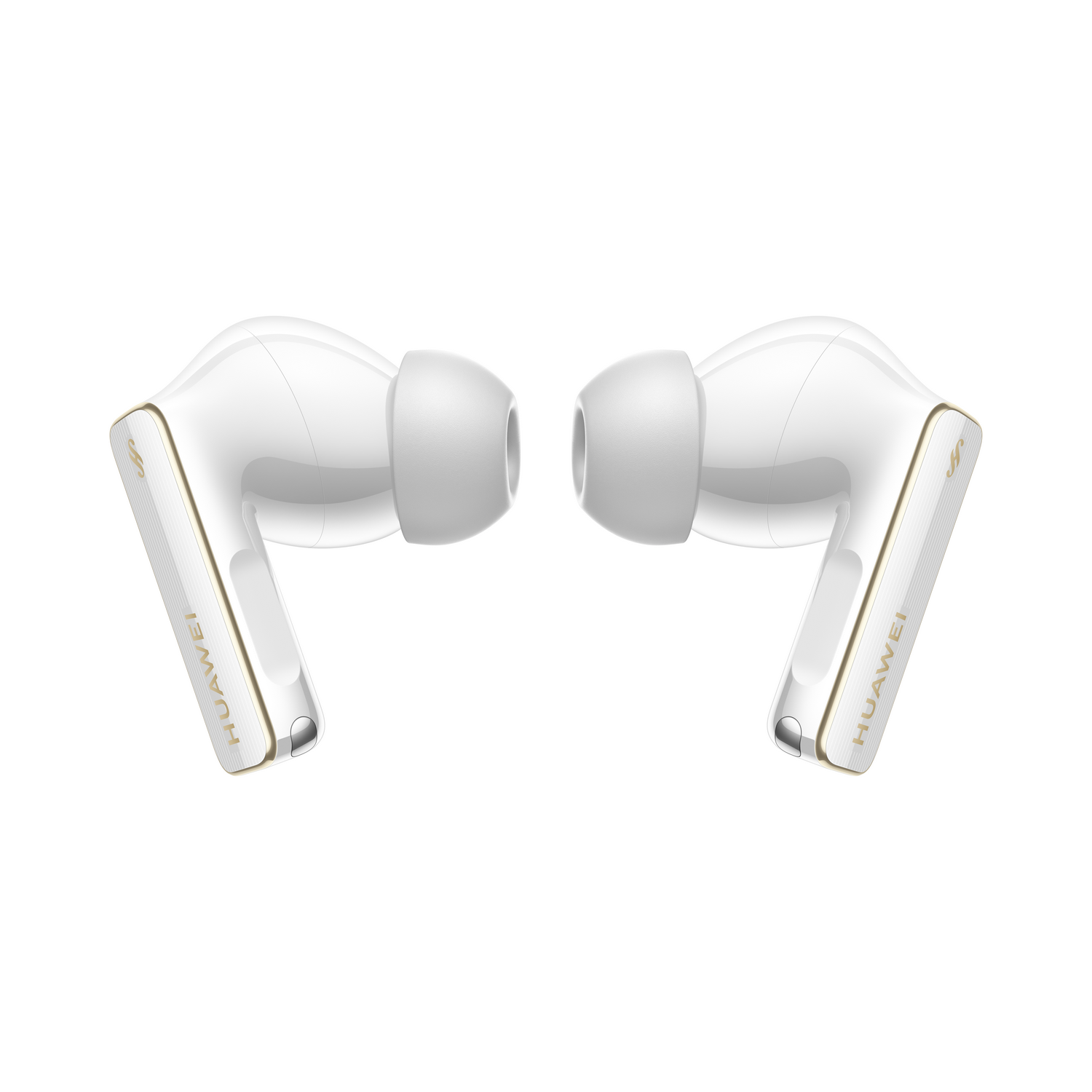 Auriculares inalámbricos blancos. Cada uno tiene un acento dorado e impreso HUAWEI.