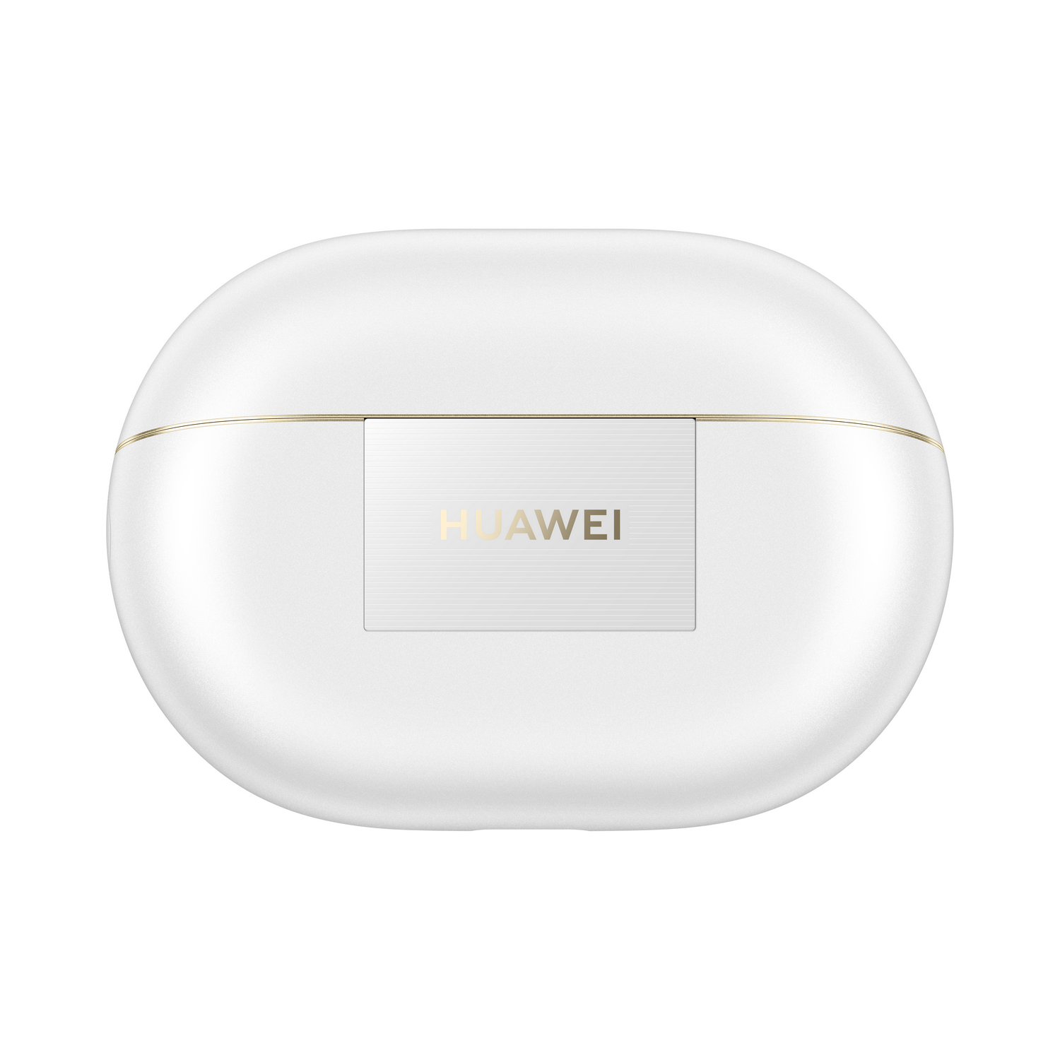 Estuche de carga de auriculares Huawei blanco con la palabra 'HUAWEI'.