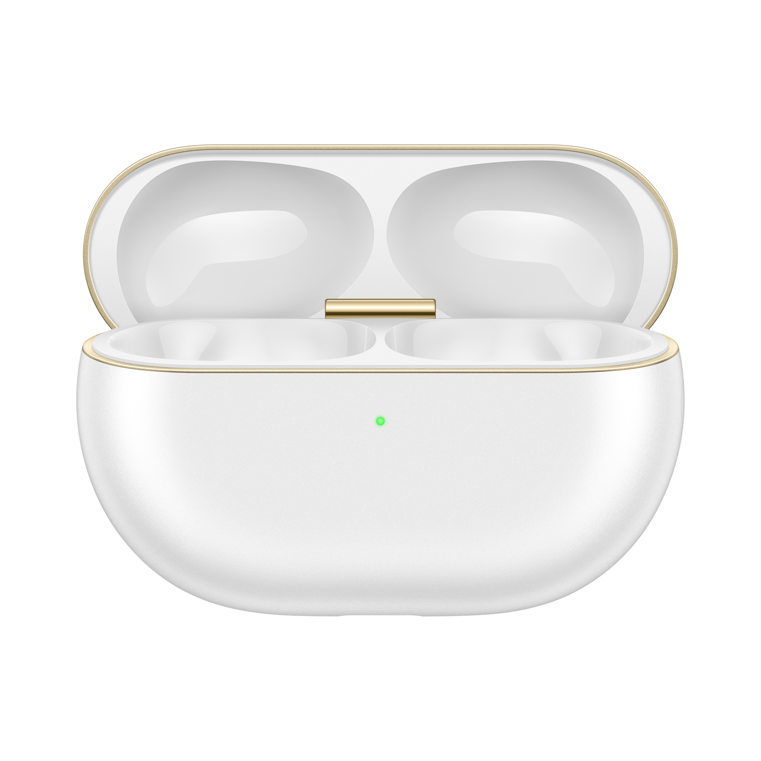 Estuche de carga blanco con borde dorado, abierto, que muestra dos compartimentos y una luz verde.