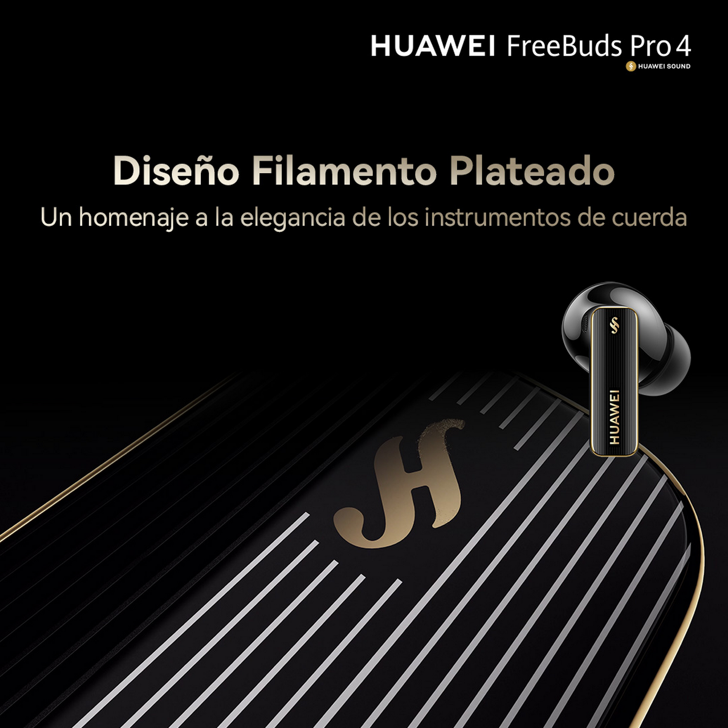 Auriculares sobre fondo negro. Texto sobre elegancia e instrumentos de cuerda.