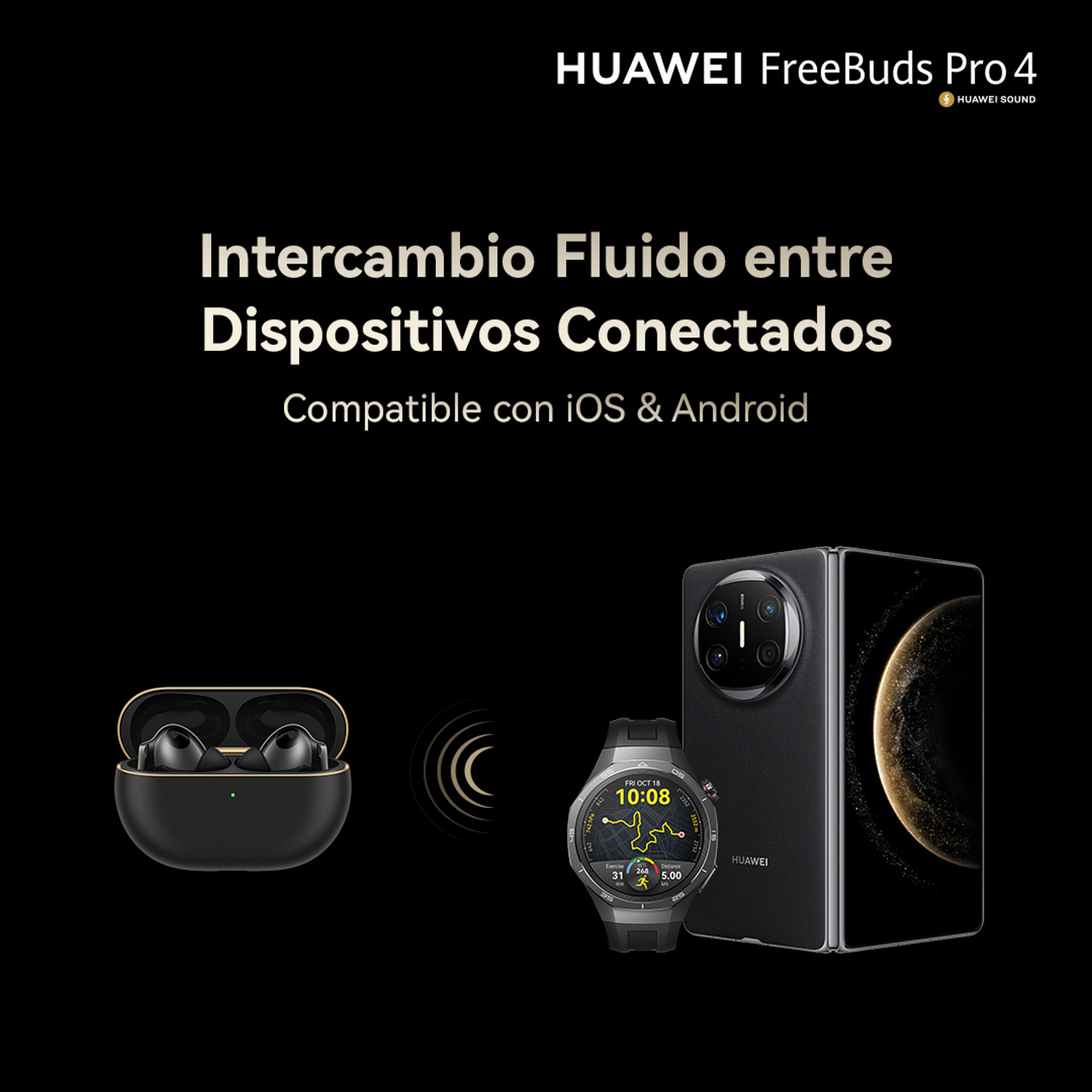 Auriculares, reloj y teléfono sobre fondo negro. Texto sobre conectividad de dispositivos.