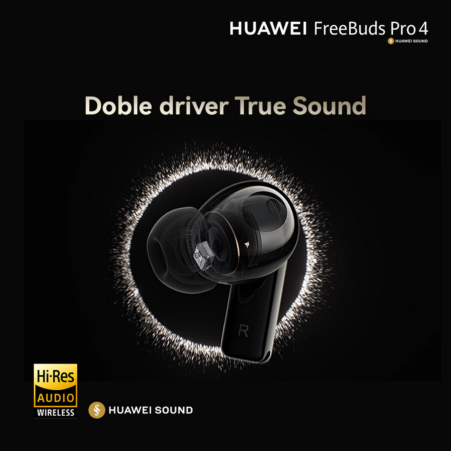 Auriculares Huawei negros, círculo brillante y texto en negro.