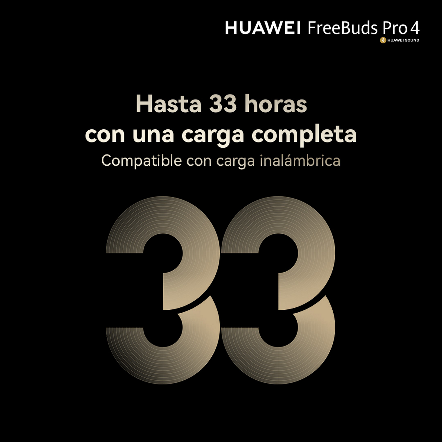 Texto sobre fondo negro: Hasta 33 horas con carga completa, carga inalámbrica.