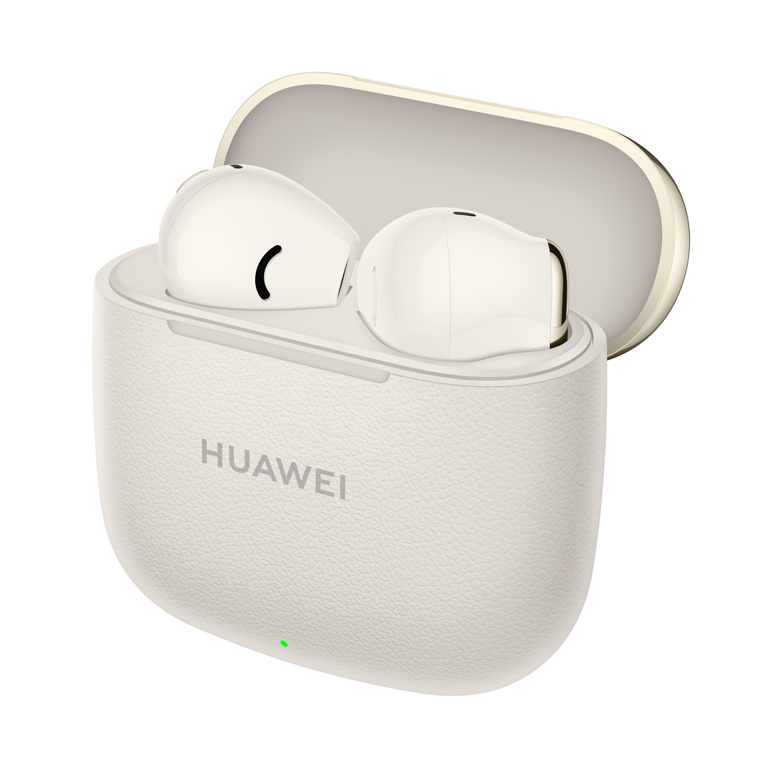 Estuche de auriculares blanco abierto, con auriculares dentro. Logotipo de Huawei visible.