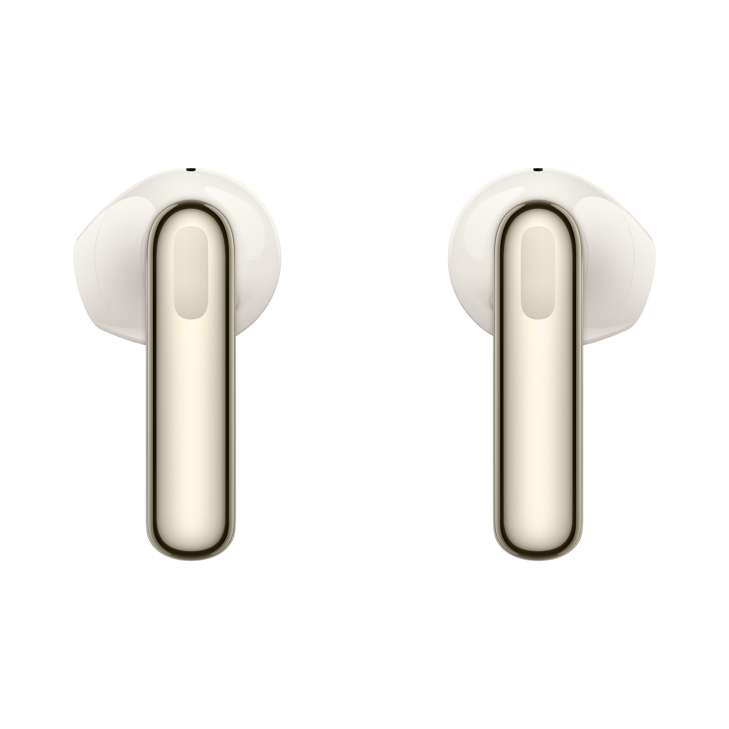 Dos auriculares blancos con un tallo dorado, contra un fondo blanco.