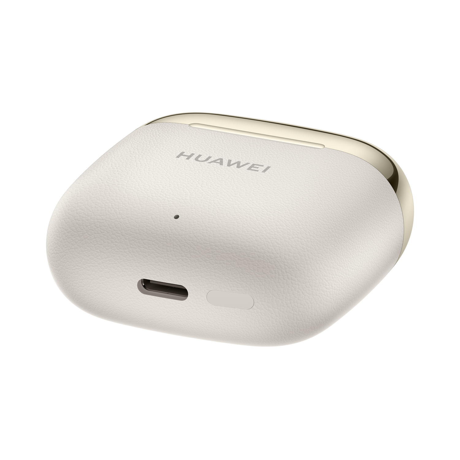 Estuche de carga de auriculares Huawei blanco y dorado con un puerto de carga en la parte inferior.