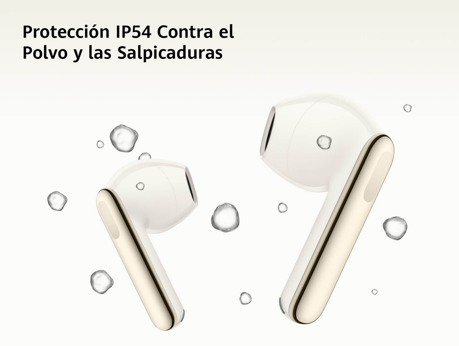 Auriculares inalámbricos blancos. Gotas de agua alrededor. El texto dice 'Protection IP54'.