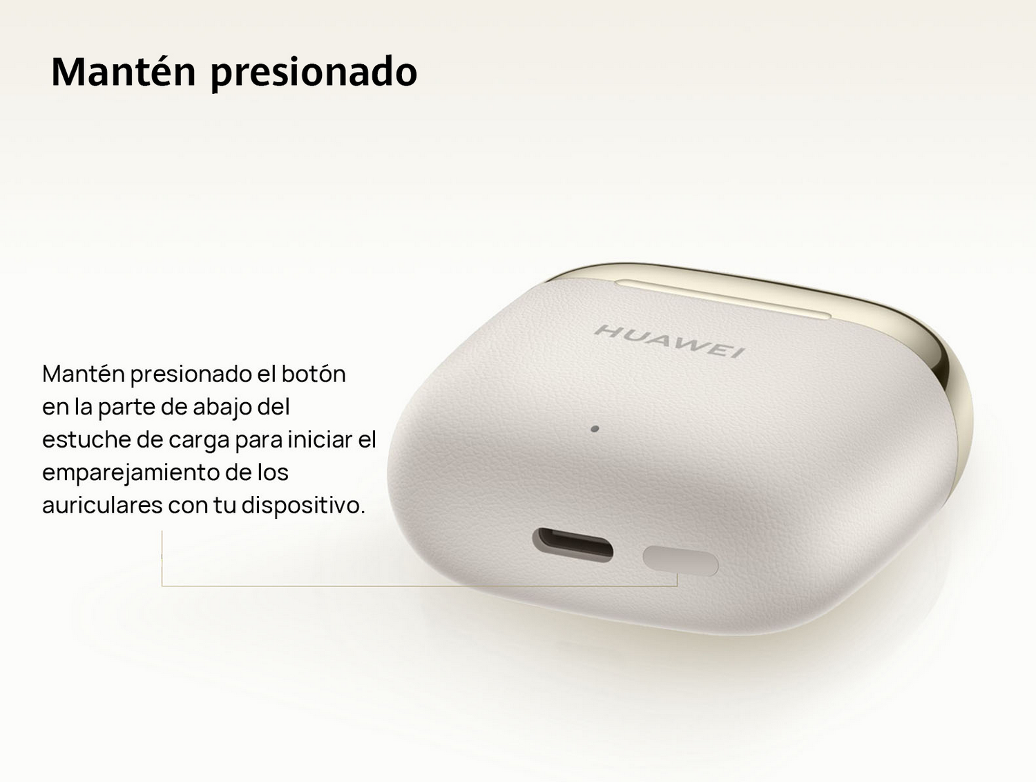 Funda de carga blanca para auriculares Huawei. Ribete dorado visible. Puerto USB-C y botón abajo.