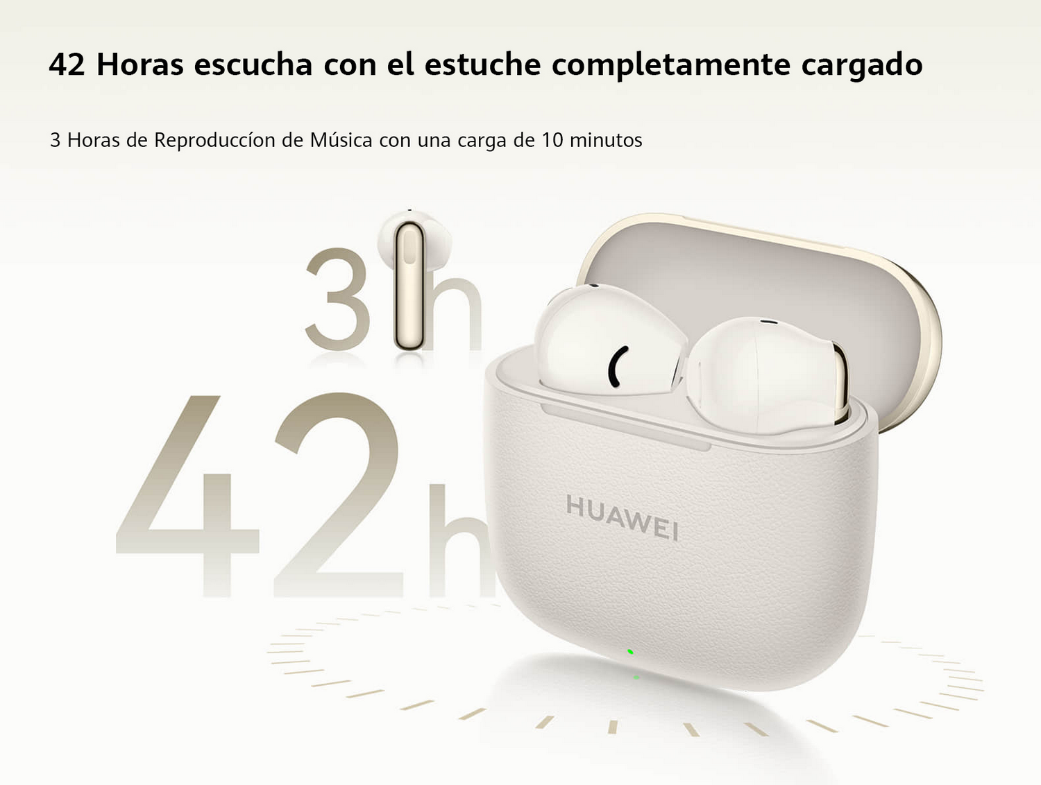 Auriculares y estuche. Texto: 42 horas escuchando con estuche. 3 horas música con 10 min carga.