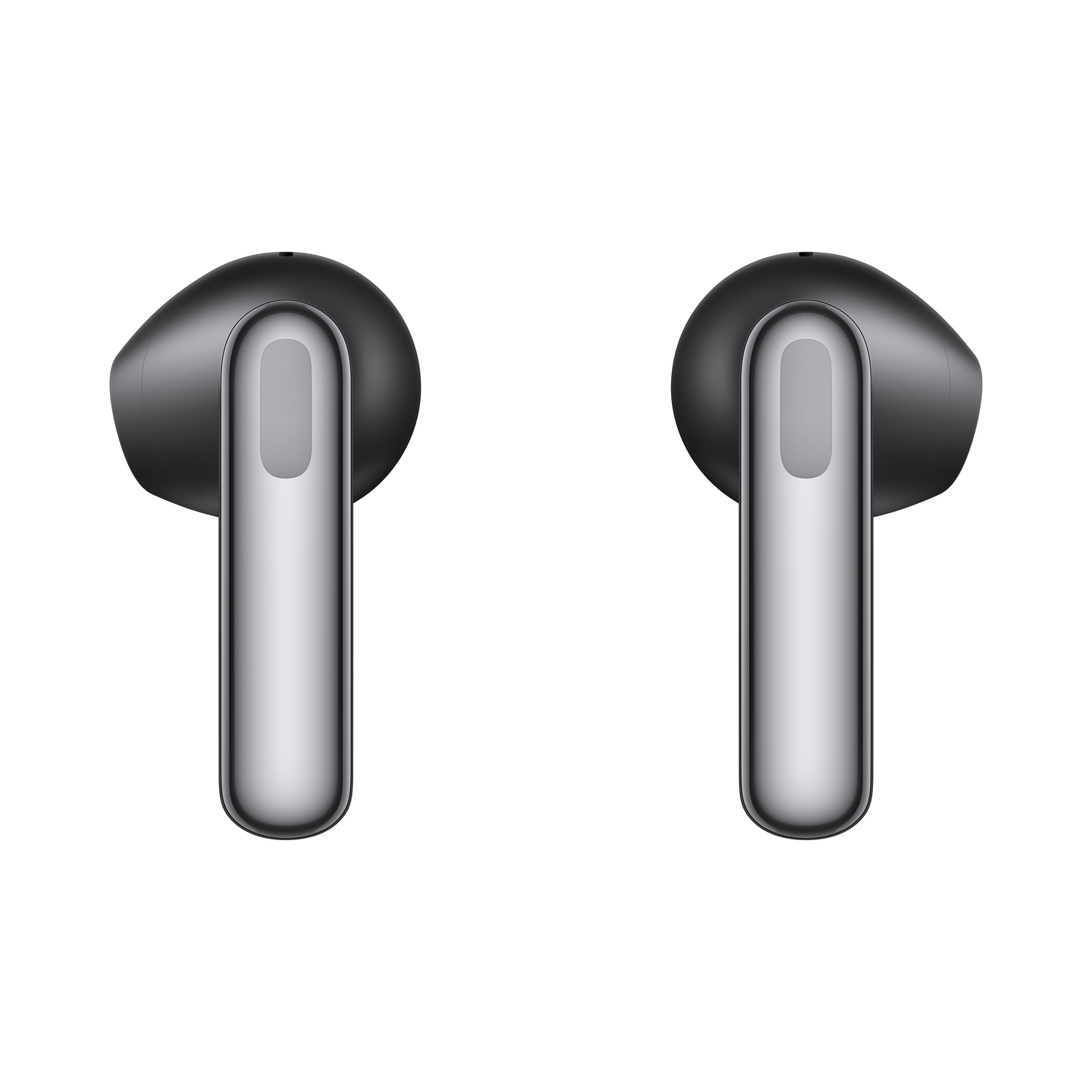 Dos auriculares negros con tallos plateados, sobre un fondo blanco.