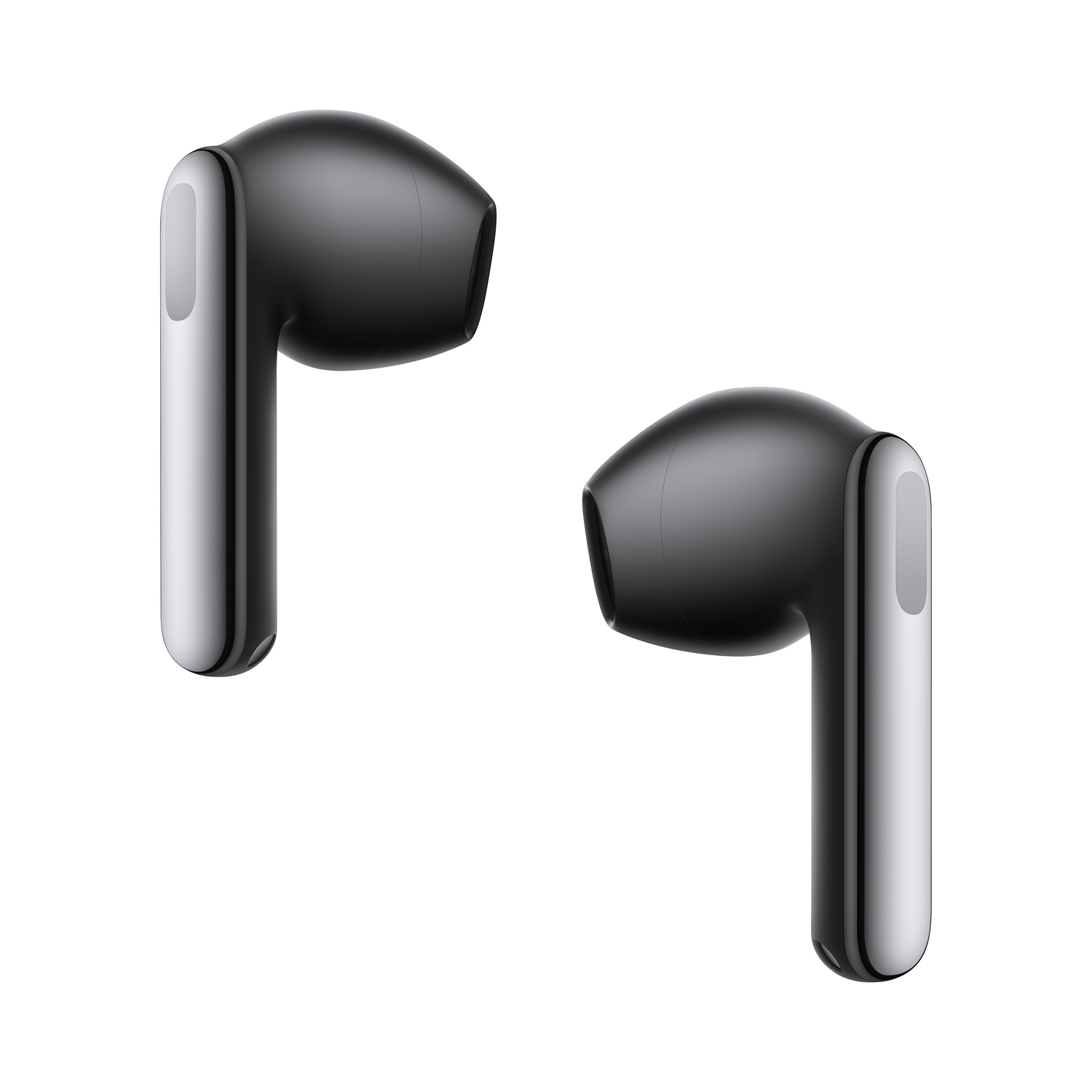 Dos auriculares inalámbricos negros y plateados sobre fondo blanco.