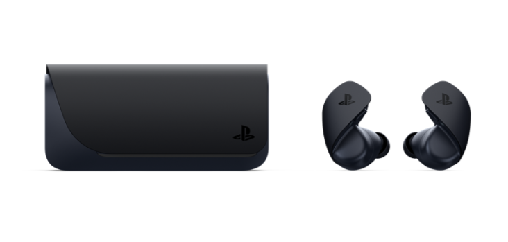 Un estuche y auriculares negros para PlayStation sobre blanco.