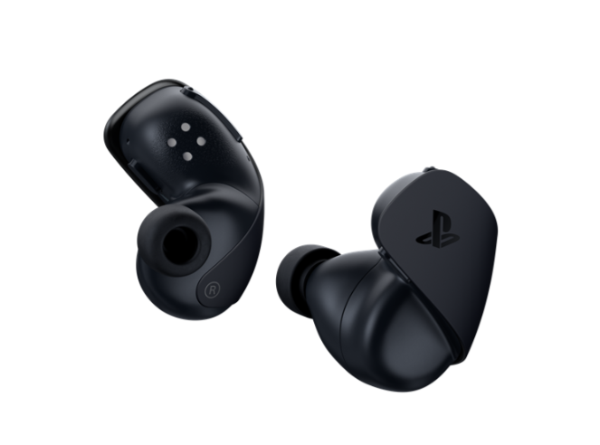 Dos auriculares negros. Uno muestra el logotipo de PlayStation. El otro la letra R.