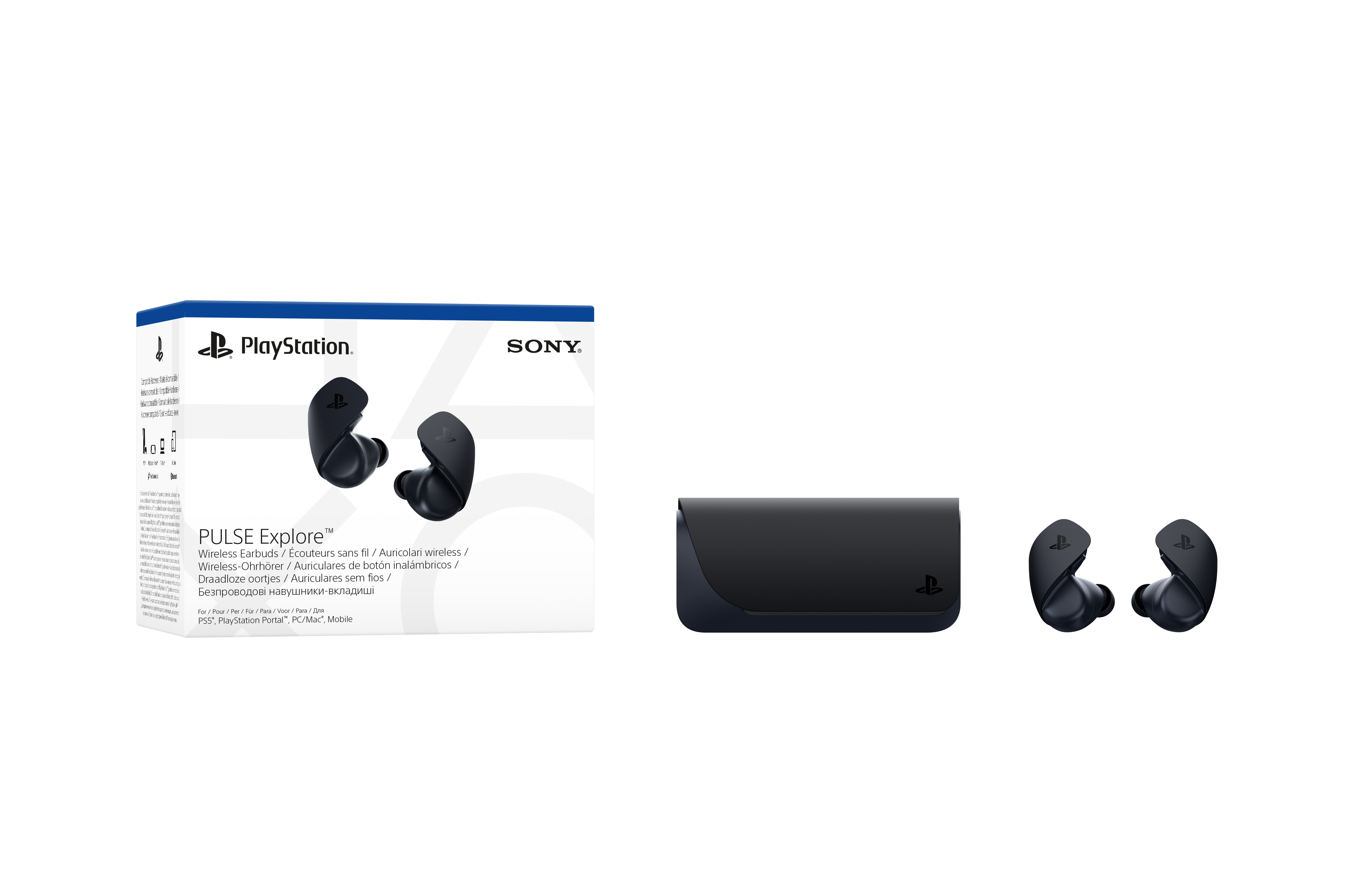 PlayStation-Ohrhörer mit Ladecase und Box. Weißer Hintergrund.