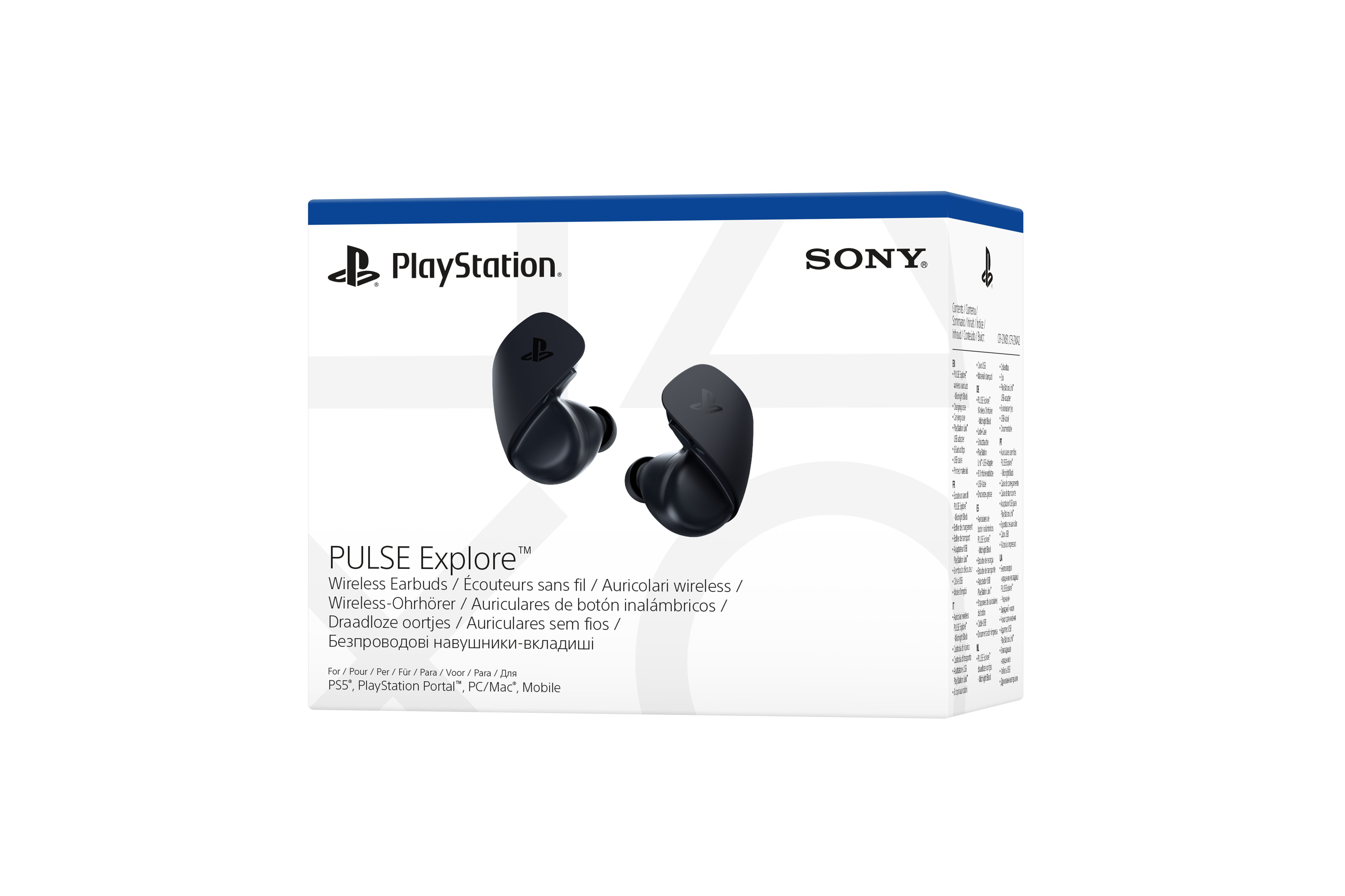 Ein schwarzes Set kabelloser PlayStation-Ohrhörer mit Ladecase auf weißem Hintergrund.