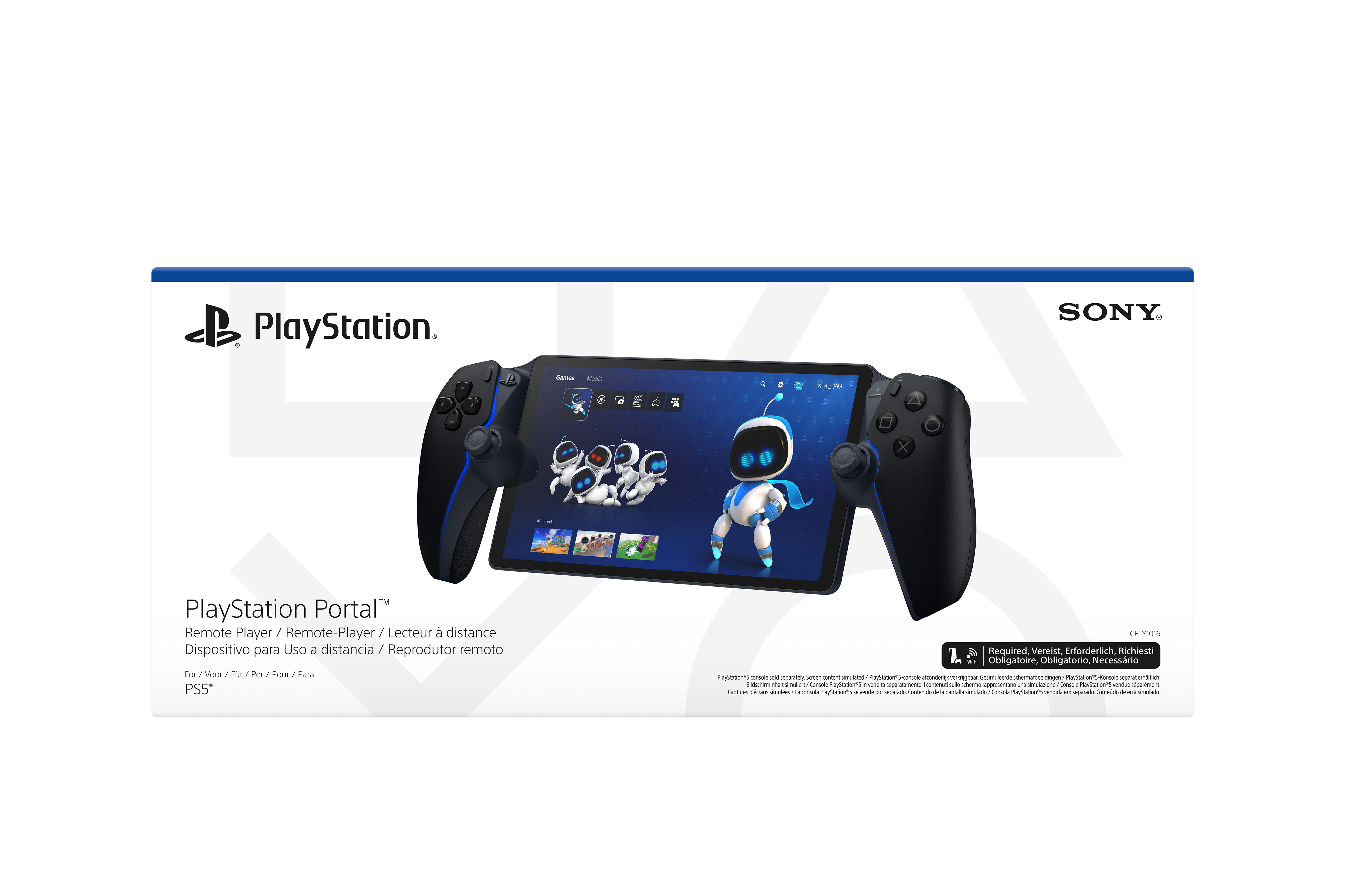 PlayStation Portal Fernbedienung. Schwarzes Handheld-Gerät mit Bildschirm und Bedienelementen. PlayStation- und Sony-Logos.