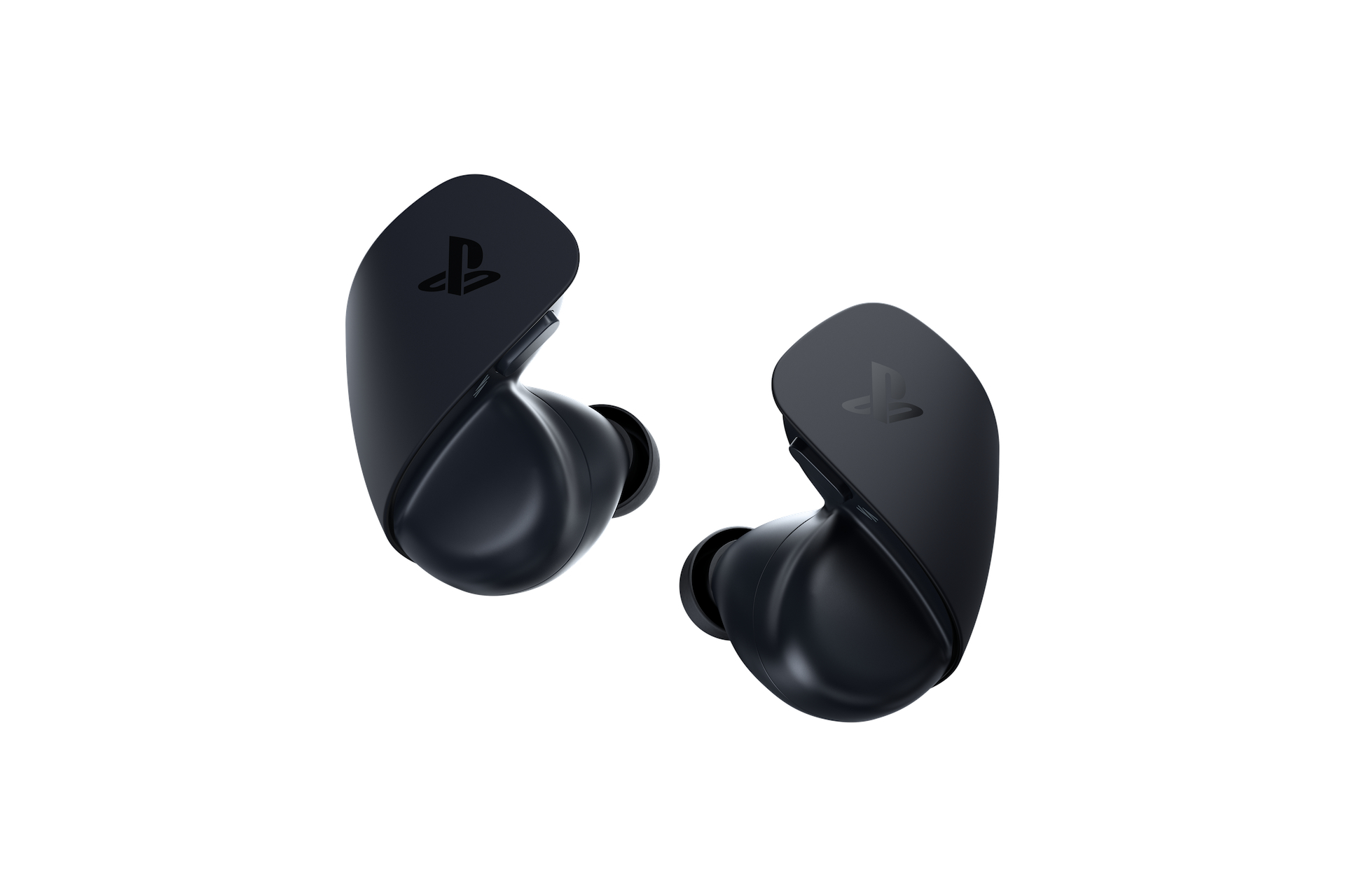 Zwei schwarze kabellose Ohrhörer mit PlayStation-Logo auf weißem Hintergrund.