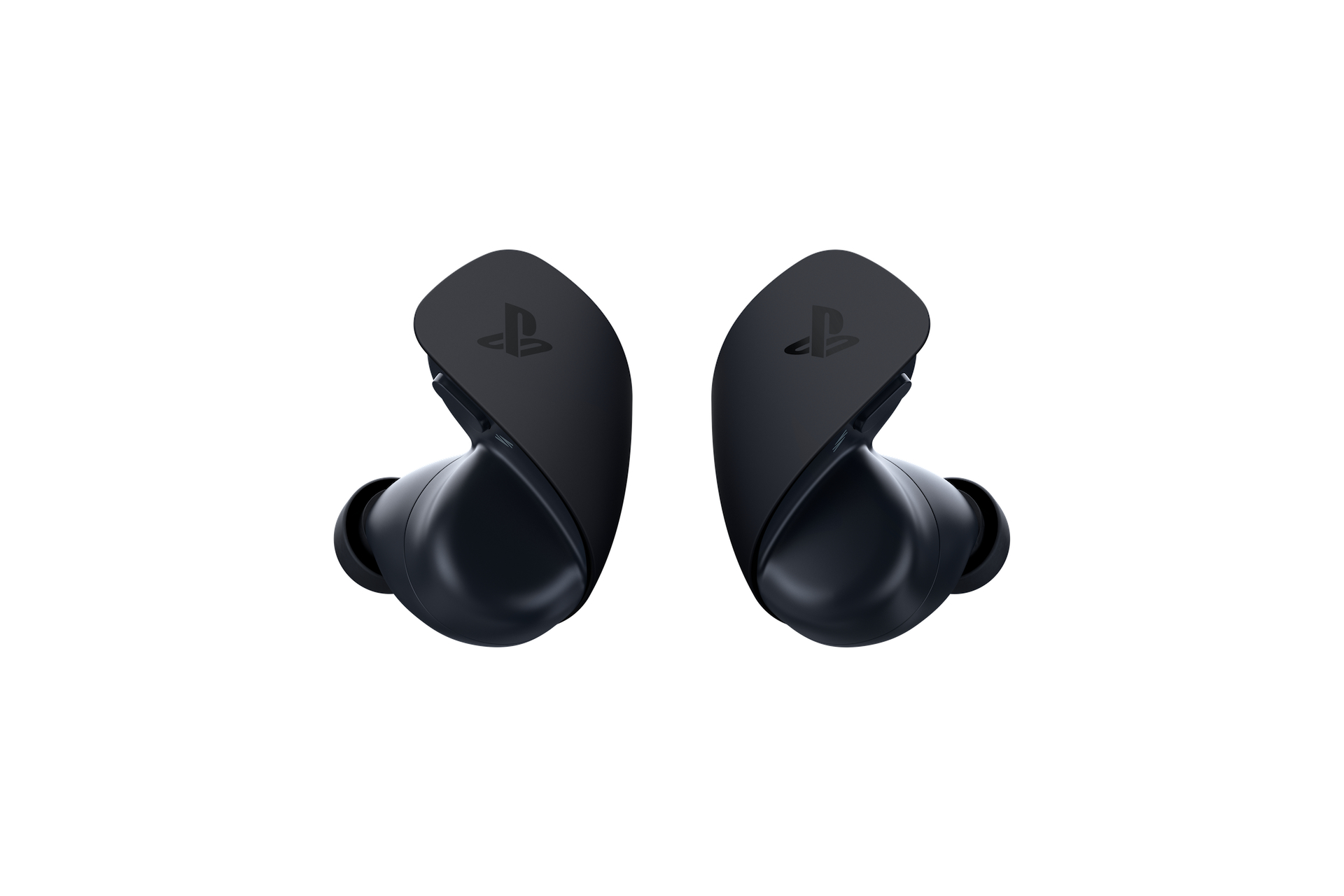 Zwei schwarze PlayStation-Ohrhörer, einander zugewandt, auf weißem Hintergrund.